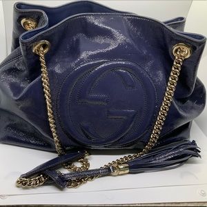 Gucci Fringe Tassel Blue Leather Soho Chain Tote Bag 722gks323